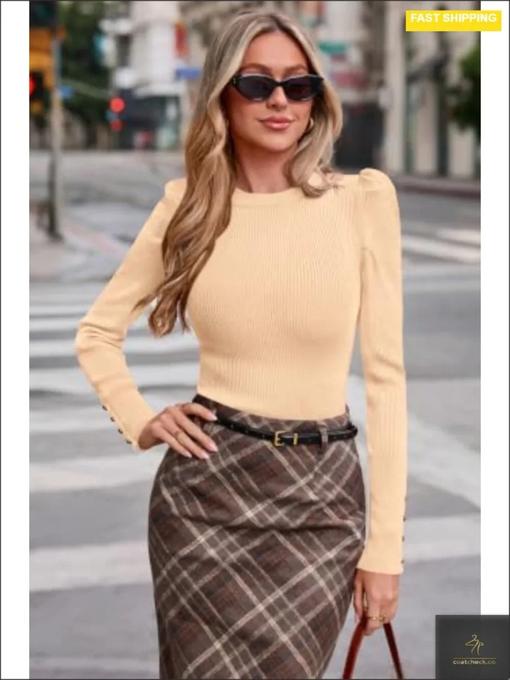 Crew Neck Puff Sleeve Ribbed Knit Fall Sweater Pullover